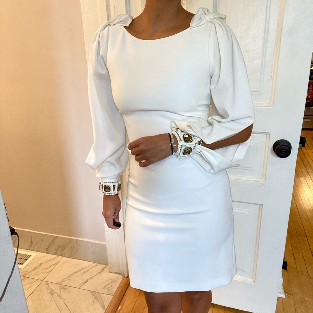 Elie Tahari jewel cuff split sleeve white dress